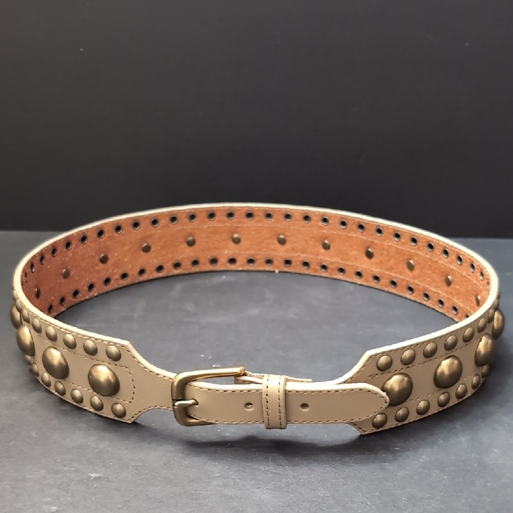 Women's Cream Leather Studded Western/Boho Belt,Brass Buckle.